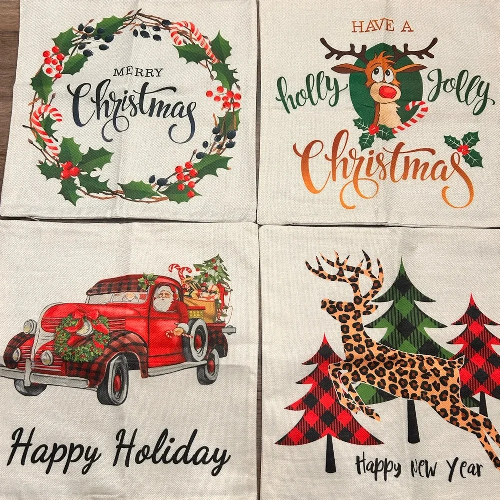 Christmas & New Year’s 17x17 Burlap Zippered Pillow Covers